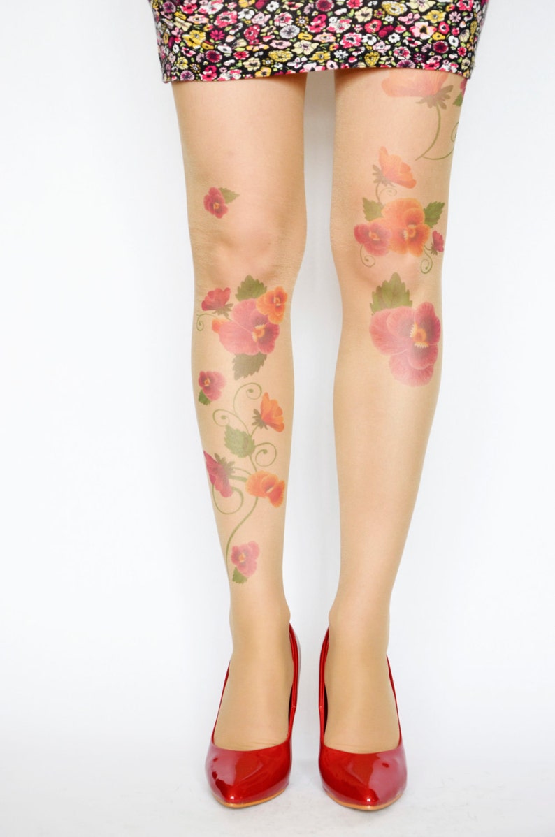 Tattoo Tights With Flowers Print Handprinted Womens Etsy