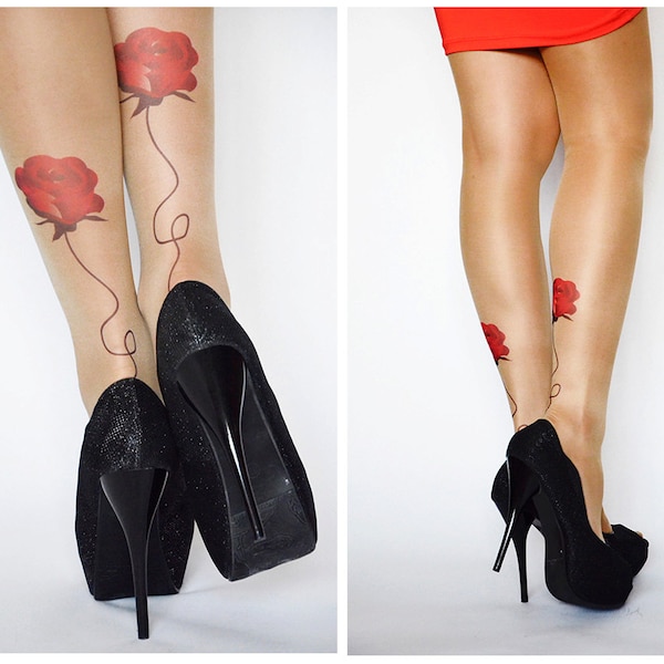 Beautiful Tattoo Tights With Roses , Printed  Handmade Tights , Tattoo Womens Pantyhose