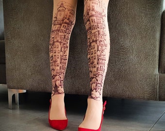 City Print Opaque Tights, Building Printed Tights, Town Printed Tights, Cityscape Tights, Pray for Israel, support Israel