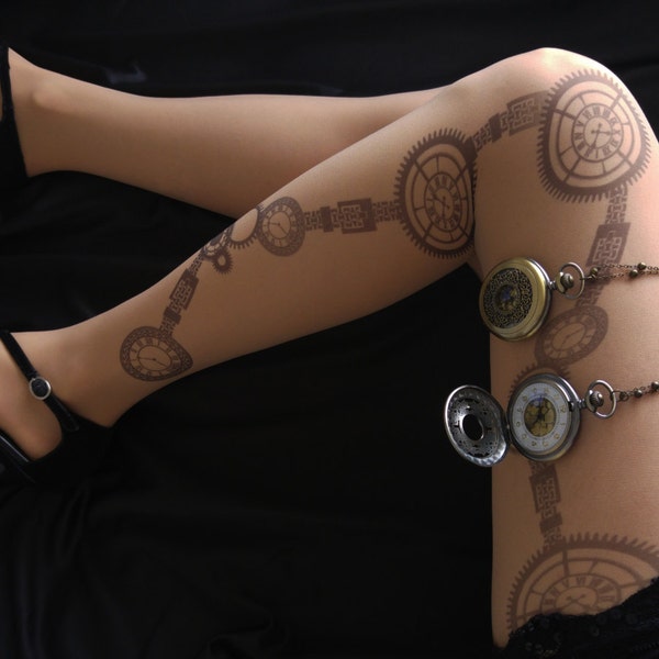 Steam Punk Printed Semi Sheer Tights, Steampunk Clock Tattoo Tights, Steampunk  Wedding, Pantyhose, Stocking