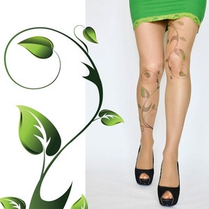 Poison Ivy Tattoo Tights , Green Ivy Leafs Print , Handprinted  Womens Pantyhose , S-XXL Sizes Available , Poison Ivy Printed Tights