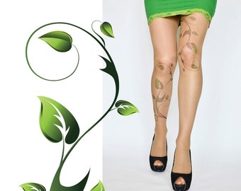 Poison Ivy Tattoo Tights , Green Ivy Leafs Print , Handprinted  Womens Pantyhose , S-XXL Sizes Available , Poison Ivy Printed Tights