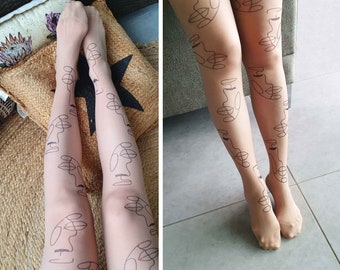 Semi-Sheer Tattoo Pantyhose, Printed Pantyhose with Faces