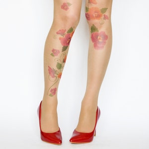 Tattoo Tights With Flowers Print , Handprinted  Womens Pantyhose , Fashion Tattoo Tights