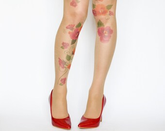 Tattoo Tights With Flowers Print , Handprinted  Womens Pantyhose , Fashion Tattoo Tights