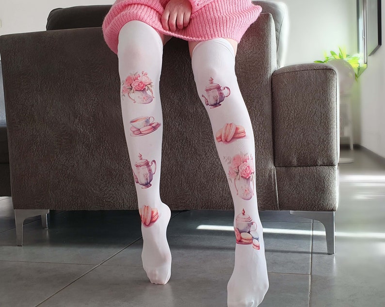 New Lolita Tights, Lolita fashion accessories, Thigh High Over Knee White Socks with Tea Time and Roses print, Teacup Print image 2