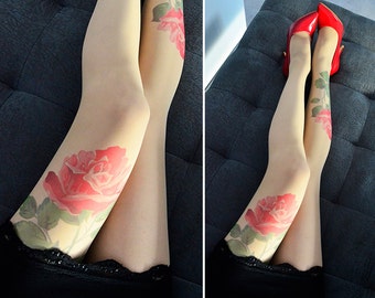 Medias de tatuaje con estampado de flores a mano, medias de tatuaje, pantimedias de rosas, tallas S-XXL disponibles