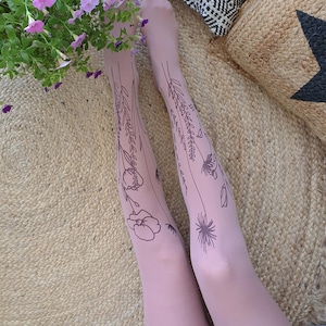 Opaque Tights with Flowers, Printed Tights with Plants, Botanical Tights, Autumn Tights