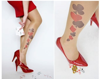 Poker Tattoo Tights , Playing Card Print Tights , Tattoo Stockings , Alice in Wonderland Tights