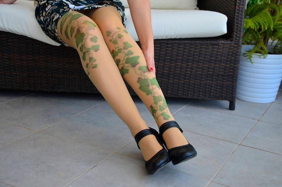 Poison Ivy Tattoo Tights , Green Ivy Leafs Print, S-XXL Sizes Available ,  Poison Ivy Printed Tights 
