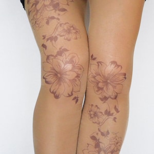 Tattoo Tights With Flowers Print, Handprinted  Womens Pantyhose,Trendy  Tattoo Tights