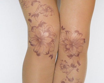 Tattoo Tights With Flowers Print, Handprinted  Womens Pantyhose,Trendy  Tattoo Tights