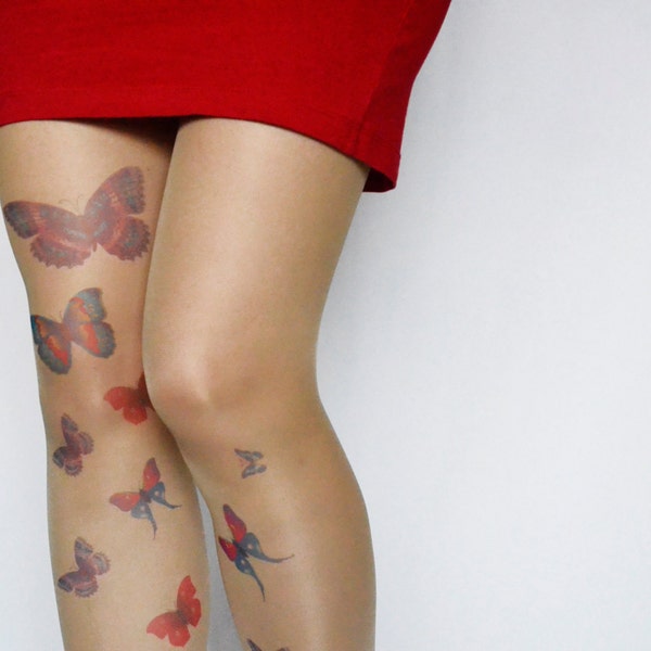 Butterflies Tattoo Tights , Design Tights , Tattoo Stockings , Butterflies Printed  Pantyhose