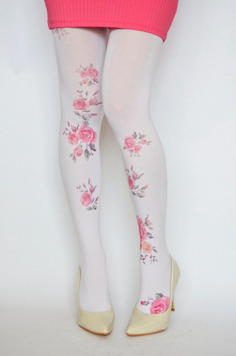 Tights With Vintage Pink Flowers Hand Printed Tights Etsy