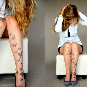 Blue Butterflies Tattoo Tights, S-XXL Sizes Available, Design Tights , Tattoo Stockings , Butterflies Printed  Pantyhose