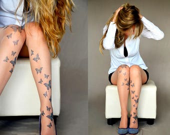 Blue Butterflies Tattoo Tights, S-XXL Sizes Available, Design Tights , Tattoo Stockings , Butterflies Printed  Pantyhose