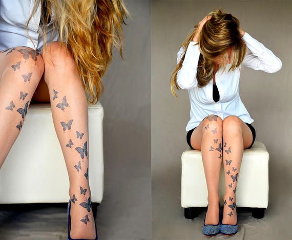 Blue Butterflies Tattoo Tights, S-XXL Sizes Available, Design Tights ,  Tattoo Stockings , Butterflies Printed Pantyhose 