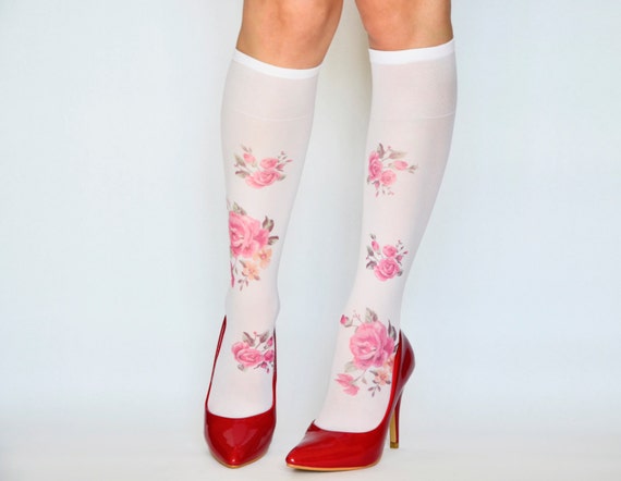 Flowers Printed Knee High Socks Hand Printed Nylon Socks Etsy