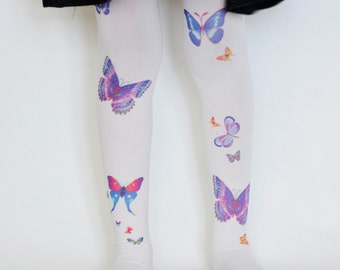 Butterflies Girls Tights , Trend Leggings , Design Stockings , Hand Printed Tights