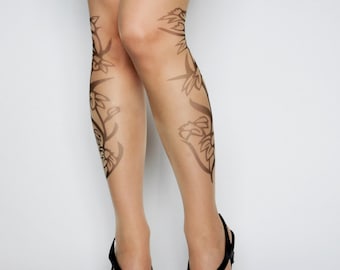 Medias de tatuaje con flores, medias de flores estampadas a mano, pantimedias de tatuaje para mujer