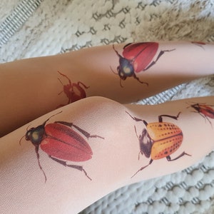 Bugs Opaque Tights, Insect Printed Tights, Beetles Print, Halloween, Beetle Tights, Botanical