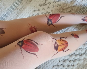 Bugs Opaque Tights, Insect Printed Tights, Beetles Print, Halloween, Beetle Tights, Botanical
