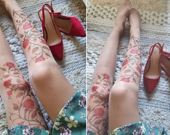 Printed Pantyhose with Roses, Semi-Sheer Printed Pantyhose with Flowers, Transparent Printed Tights