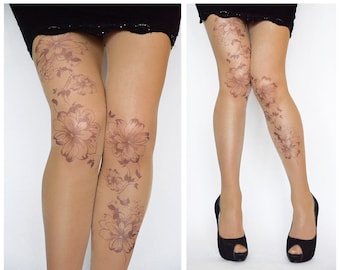 Collant da tatuaggio con stampa di fiori, collant da donna stampati a mano, collant da tatuaggio alla moda