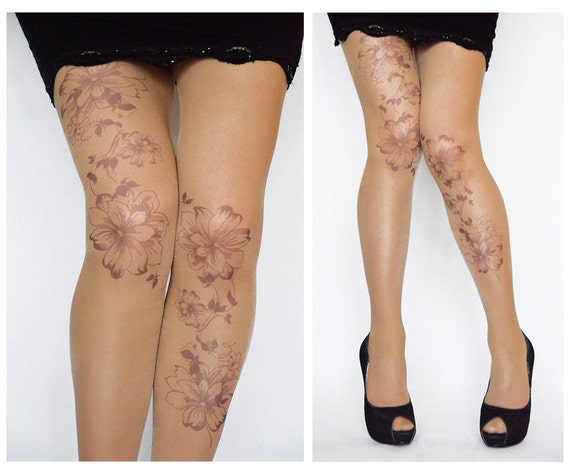 Tattoo Tights With Flowers Print , Handprinted Womens Pantyhose , Trendy Tattoo  Tights 