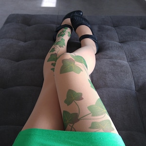 Poison Ivy Opaque Tights , Green Ivy Leafs Print, Beige Tights, Poison Ivy Printed Tights, Halloween