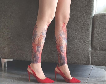 City Print Pantyhose, Semi-Sheer Printed Tights with Town, Building Printed Tights, Cityscape Tights