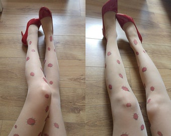 Ladybug Tattoo Tights, Semi-Sheer Tights, Ladybugs Printed Tights, Ladybugs Print