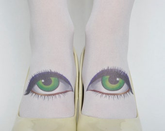 White Knee High  Socks With Green Eyes Print, Creative Tights