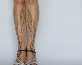 Hermosas medias con tatuajes de flores, medias estampadas hechas a mano, medias con tatuajes para mujer, calcetines con tatuajes