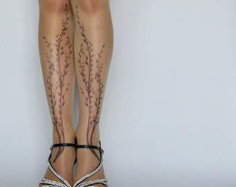 Beautiful Tattoo Tights With Flower , Printed  Handmade Tights , Tattoo Women's Pantyhose , tattoo socks