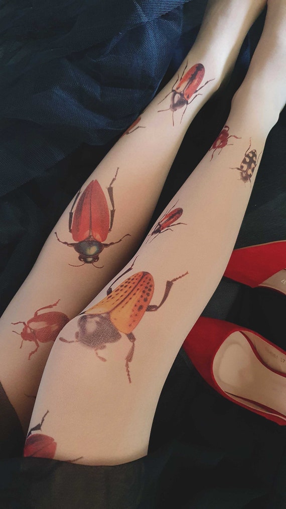 Bugs Opaque Tights, Insect Printed Tights, Beetles Print