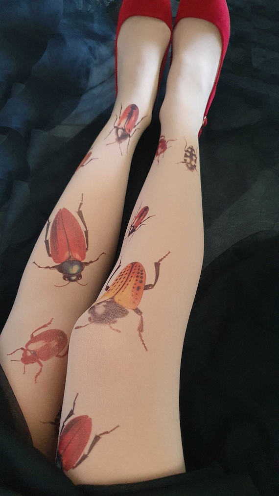 Bugs Opaque Tights, Insect Printed Tights, Beetles Print