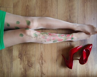 Tattoo Tights with Flowers, S-XXL Sizes Available, Printed Tights, Pantyhose