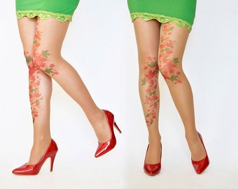 Leaves Tattoo Tights ,Printed  Handmade Tights,Leaf Tattoo Womens Pantyhose,S-3XL Sizes Available