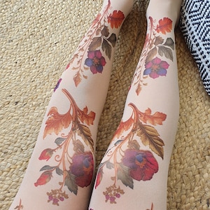Beige Opaque Tights with Flowers, Printed Tights with Plants, Botanical Tights