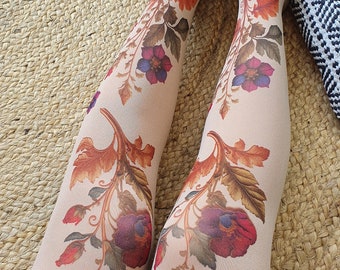 Beige Opaque Tights with Flowers, Printed Tights with Plants, Botanical Tights