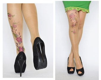 Delicati collant da tatuaggio con fiori viola / collant stampati fatti a mano / collant da donna con tatuaggio / calzini da tatuaggio