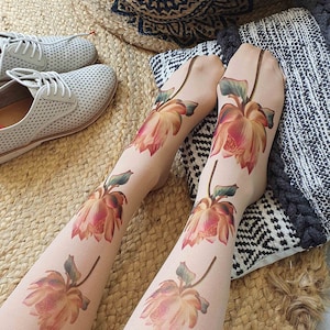 Printed Knee Socks with Flowers, Beige Opaque Socks, Knee Socks