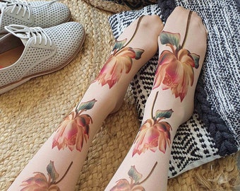 Printed Knee Socks with Flowers, Beige Opaque Socks, Knee Socks