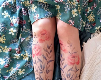 Tattoo Pantyhose with Flowers, Semi-Sheer Printed Pantyhose with Flowers, Transparent Printed Tights