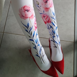 New!! Thigh High Over Knee White Socks with Flowers