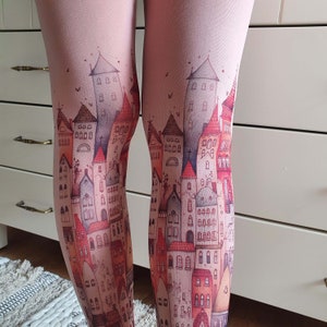 Vintage City Print Opaque Tights,Colored  Building Printed Tights, Old Town Printed Tights, Cityscape Tights