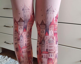 Vintage City Print Opaque Tights,Colored  Building Printed Tights, Old Town Printed Tights, Cityscape Tights