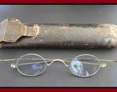 Classic Antique (1800s Vintage Oval Spectacles, Straight Temple Embossed Eyeglasses Original Leather Case) Benjamin Franklin Steampunk Gem