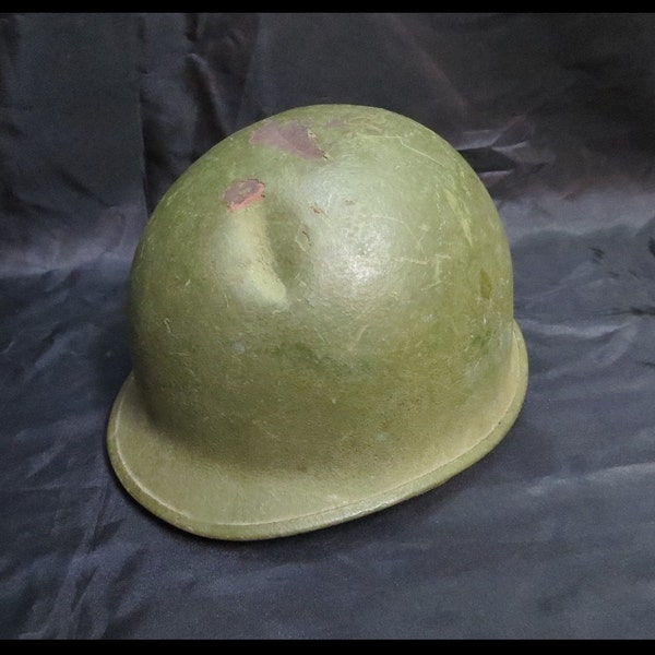 Classic Antique (1950 to 1960s Vintage Korea-Vietnam era American U.S. ARMY Green M1 "Steel Pot" Paratrooper Helmet) MILITARY Combat Damage!